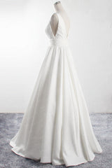 Affordable V-neck Satin White Wedding Dress Sleeveless Ruffles Bridal Gowns On Sale-27dress