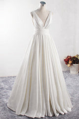 Affordable V-neck Satin White Wedding Dress Sleeveless Ruffles Bridal Gowns On Sale-27dress