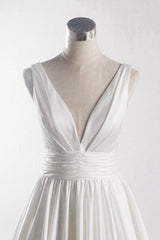 Affordable V-neck Satin White Wedding Dress Sleeveless Ruffles Bridal Gowns On Sale-27dress