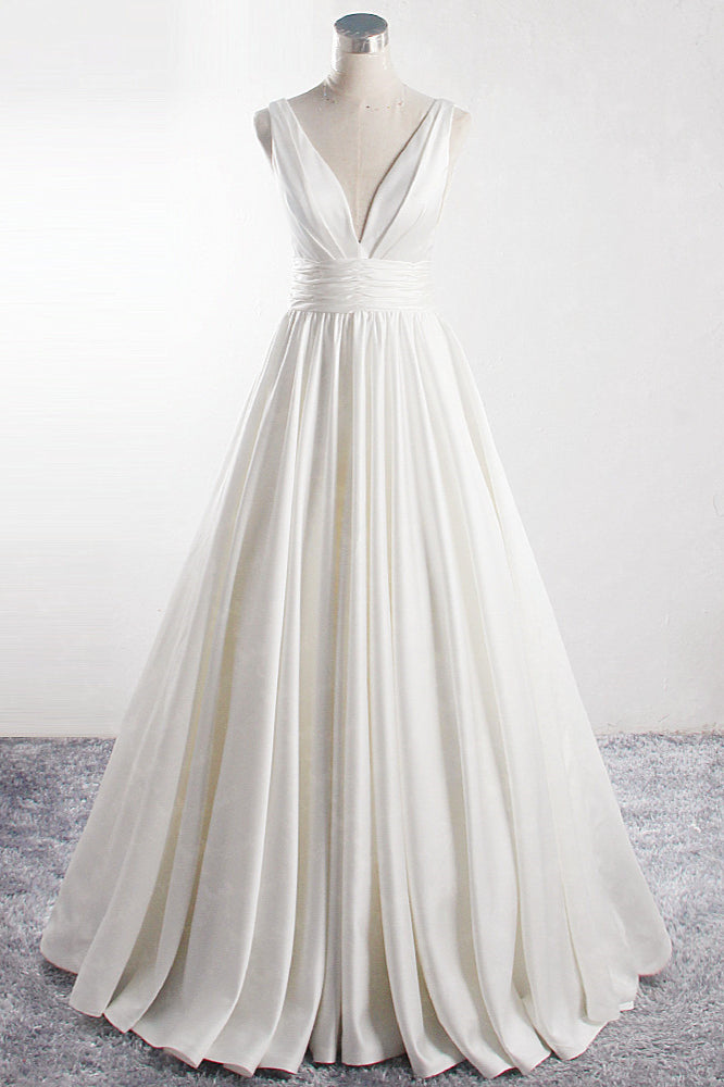 Affordable V-neck Satin White Wedding Dress Sleeveless Ruffles Bridal Gowns On Sale-27dress