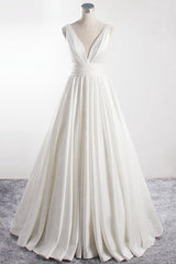 Affordable V-neck Satin White Wedding Dress Sleeveless Ruffles Bridal Gowns On Sale-27dress