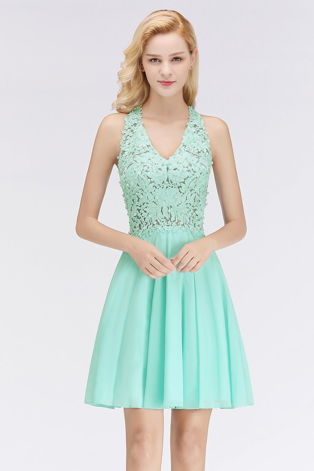 Affordable V-Neck Short Lace Birdesmaid Dresses Online-27dress