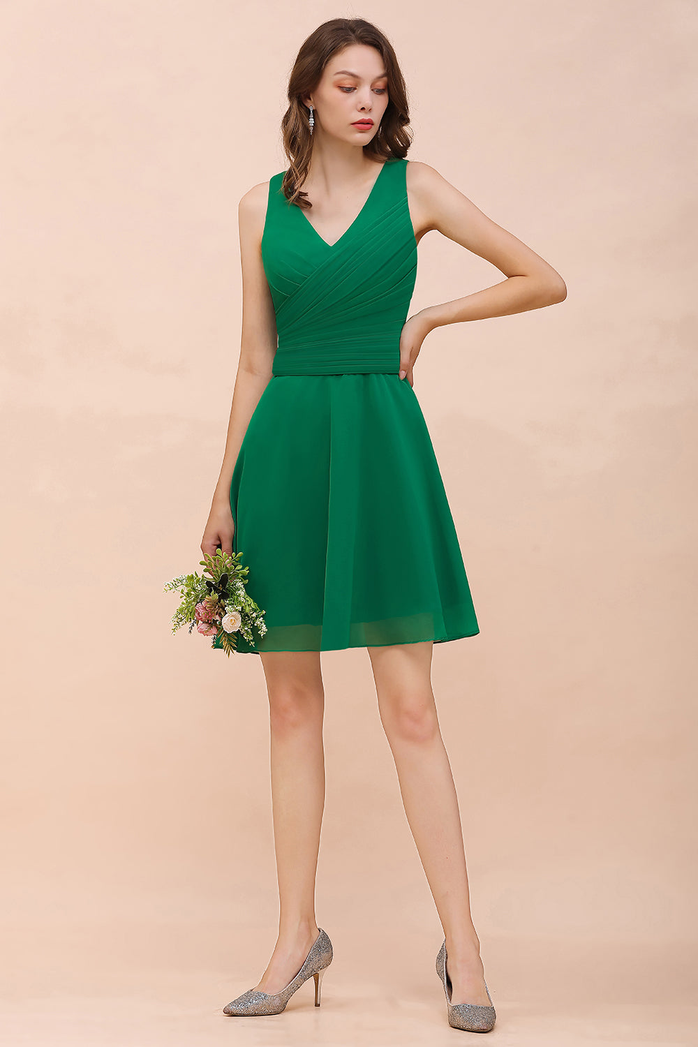 Affordable V-Neck Sleeveless Ruffle Short Bridesmaid Dress-27dress