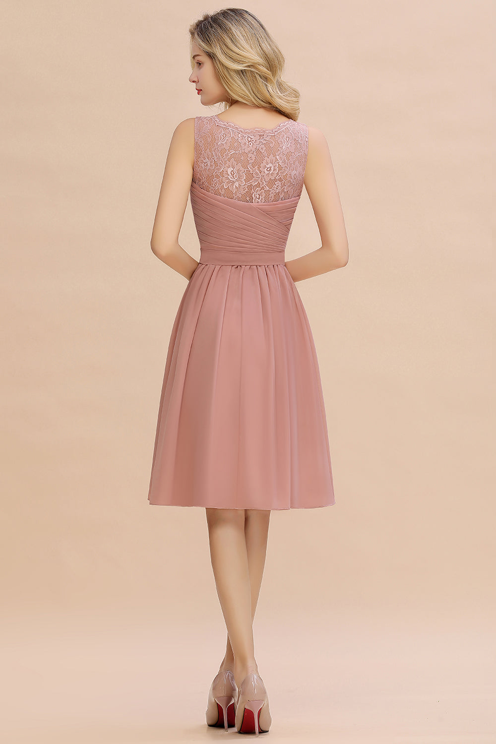 Affordable V-Neck Sleeveless Ruffles Short Lace Bridesmaid dresses Online-27dress
