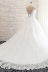 Affordable V-Neck Tulle Lace Wedding Dress A-Line Sleeveless Appliques Bridal Gowns with Beadings Online-27dress
