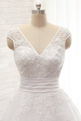Affordable V-Neck Tulle Lace Wedding Dress A-Line Sleeveless Appliques Bridal Gowns with Beadings Online-27dress