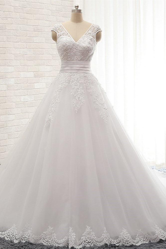 Affordable V-Neck Tulle Lace Wedding Dress A-Line Sleeveless Appliques Bridal Gowns with Beadings Online-27dress