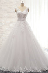 Affordable V-Neck Tulle Lace Wedding Dress A-Line Sleeveless Appliques Bridal Gowns with Beadings Online-27dress