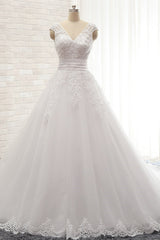 Affordable V-Neck Tulle Lace Wedding Dress A-Line Sleeveless Appliques Bridal Gowns with Beadings Online-27dress
