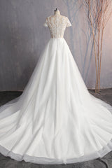 Affordable V-Neck White Tulle Wedding Dress Short Sleeves Lace Appliques Bridal Gowns with Beadings-27dress