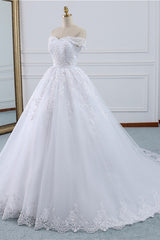 Affordable White Off-the-shoulder Lace Wedding Dresses With Appliques Tulle Ruffles Bridal Gowns On Sale-27dress