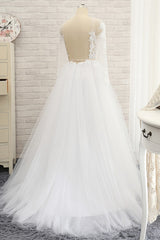 Affordable White Tulle Ruffles Lace Wedding Dresses Jewel Longsleeves Bridal Gowns With Appliques On Sale-27dress