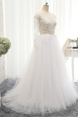 Affordable White Tulle Ruffles Lace Wedding Dresses Jewel Longsleeves Bridal Gowns With Appliques On Sale-27dress
