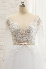 Affordable White Tulle Ruffles Lace Wedding Dresses Jewel Longsleeves Bridal Gowns With Appliques On Sale-27dress