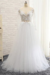 Affordable White Tulle Ruffles Lace Wedding Dresses Jewel Longsleeves Bridal Gowns With Appliques On Sale-27dress