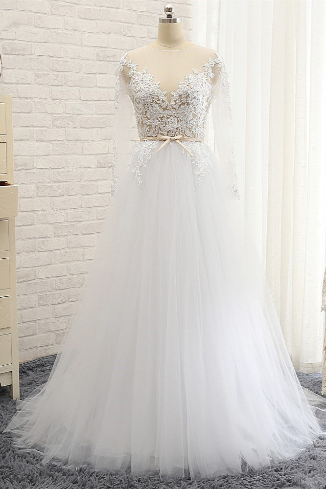 Affordable White Tulle Ruffles Lace Wedding Dresses Jewel Longsleeves Bridal Gowns With Appliques On Sale-27dress