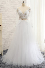 Affordable White Tulle Ruffles Lace Wedding Dresses Jewel Longsleeves Bridal Gowns With Appliques On Sale-27dress