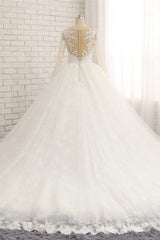 Affordable White Tulle Ruffles Wedding Dresses Jewel Longsleeves Lace Bridal Gowns With Appliques Online-27dress