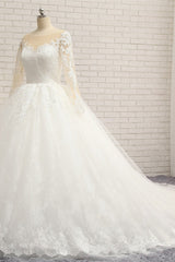 Affordable White Tulle Ruffles Wedding Dresses Jewel Longsleeves Lace Bridal Gowns With Appliques Online-27dress