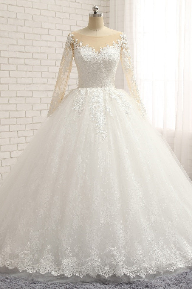 Affordable White Tulle Ruffles Wedding Dresses Jewel Longsleeves Lace Bridal Gowns With Appliques Online-27dress