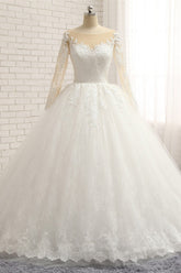 Affordable White Tulle Ruffles Wedding Dresses Jewel Longsleeves Lace Bridal Gowns With Appliques Online-27dress