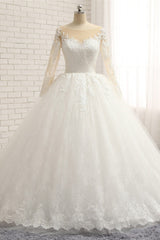 Affordable White Tulle Ruffles Wedding Dresses Jewel Longsleeves Lace Bridal Gowns With Appliques Online-27dress
