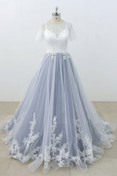 AffordableBlue Gray Tulle Ivory Lace Wedding Dress Short Sleeve Beach Bridal Gowns On Sale-27dress
