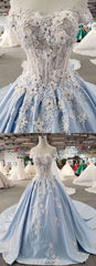 AffordableLight Blue Satin Sweep Train Wedding Dress Off Shoulder Sleeveless Bridal Gowns On Sale-27dress