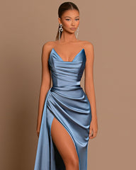 Amazing Blue Mermaid Strapless Sleeveless Prom Dress Unique Style For Party