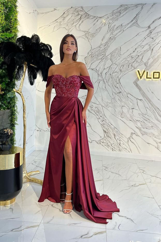 Amazing Off the Shoulder Sweetheart Prom Dress With Sequins Split