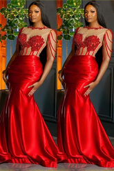 Amazing Red Crew Neck Sleeveless Mermaid Prom Dress Trumpet With Beadings