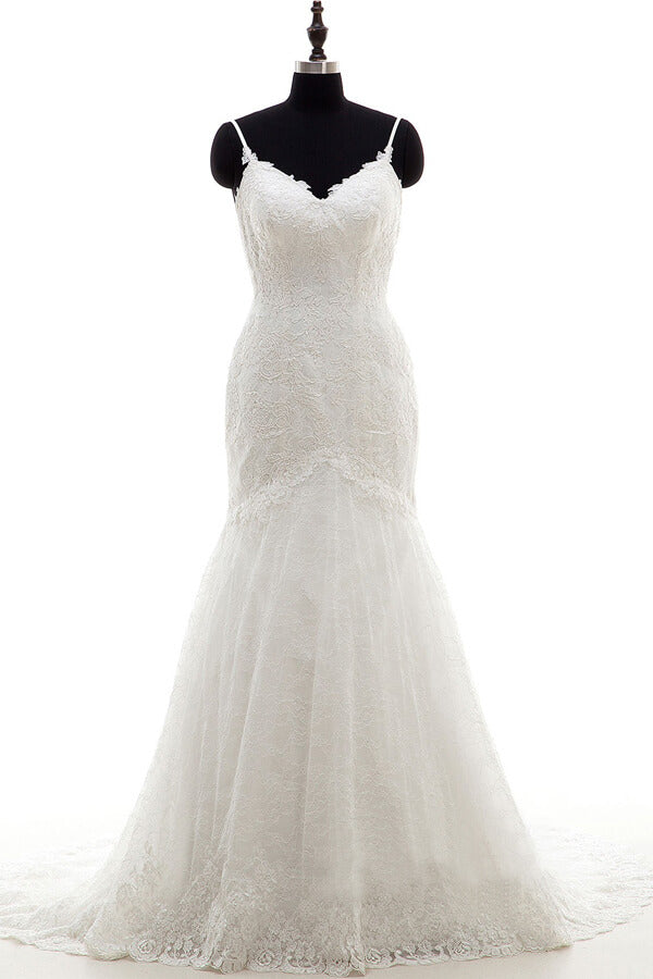 Appliques Spaghetti Strap Mermaid Wedding Dress On Sale-27dress