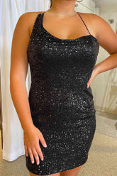 Asymmetrical Straps Blue Sequined Fitted Short Homecoming Dress