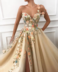 Attractive A-line One Shoulder Tulle Long Prom Dress with Slit-27Dress