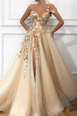 Attractive A-line One Shoulder Tulle Long Prom Dress with Slit-27Dress