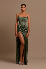 Attractive Green Sleeveless Strapless Mermaid Split Prom Dress With Pleated