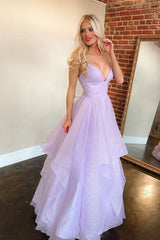 Attractive Lilac Spaghetti Strap Deep V Neck Sleeveless Long Prom Dress With Sequins