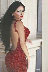 Burgundy Lace Applique Mermaid Evening Dress