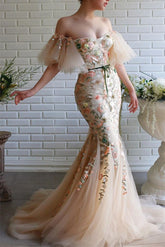 Off-The-Shoulder Strapless Mermaid Evening Dress with Flowers Beading and Appliques