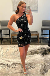 Sheath One Shoulder Black Sequins Short Homecoming Dress with Star