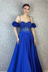 Off-The-Shoulder Spaghetti-Strap Evening Dress with Beading