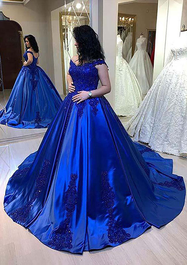 Unique Ball Gown Off-the-Shoulder Satin Long Beading Prom Dress With A – 27dress Unique Ball Gown Off-the-Shoulder Satin Long Beading Prom Dress With A – 27dress