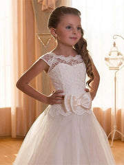 Ball Gown Chiffon Tulle Jewel Neck Wedding Birthday Pageant Flower Girl Dresses With Sleeves-27dress