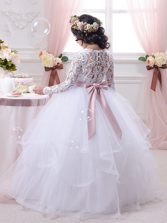 Ball Gown Cotton Long Sleeve Lace Tulle First Communion Flower Girl Dresses-27dress