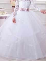 Ball Gown Cotton Long Sleeve Lace Tulle First Communion Flower Girl Dresses-27dress