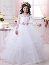 Ball Gown Cotton Long Sleeve Lace Tulle First Communion Flower Girl Dresses-27dress