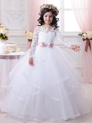 Ball Gown Cotton Long Sleeve Lace Tulle First Communion Flower Girl Dresses-27dress