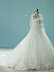 Ball Gown Illusion Tulle Chapel Train Wedding Dress With Beading