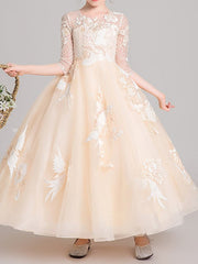 Ball Gown Jewel Neck Pageant Flower Girl Dresses With Sleeves-27dress