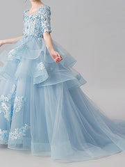 Ball Gown Jewel Neck Sweep Brush Train Pageant Flower Girl Dresses with Sleeves-27dress